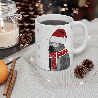 Grey Parrot with Red Santa Hat and Scarf Christmas Bird Ceramic Mug 11oz