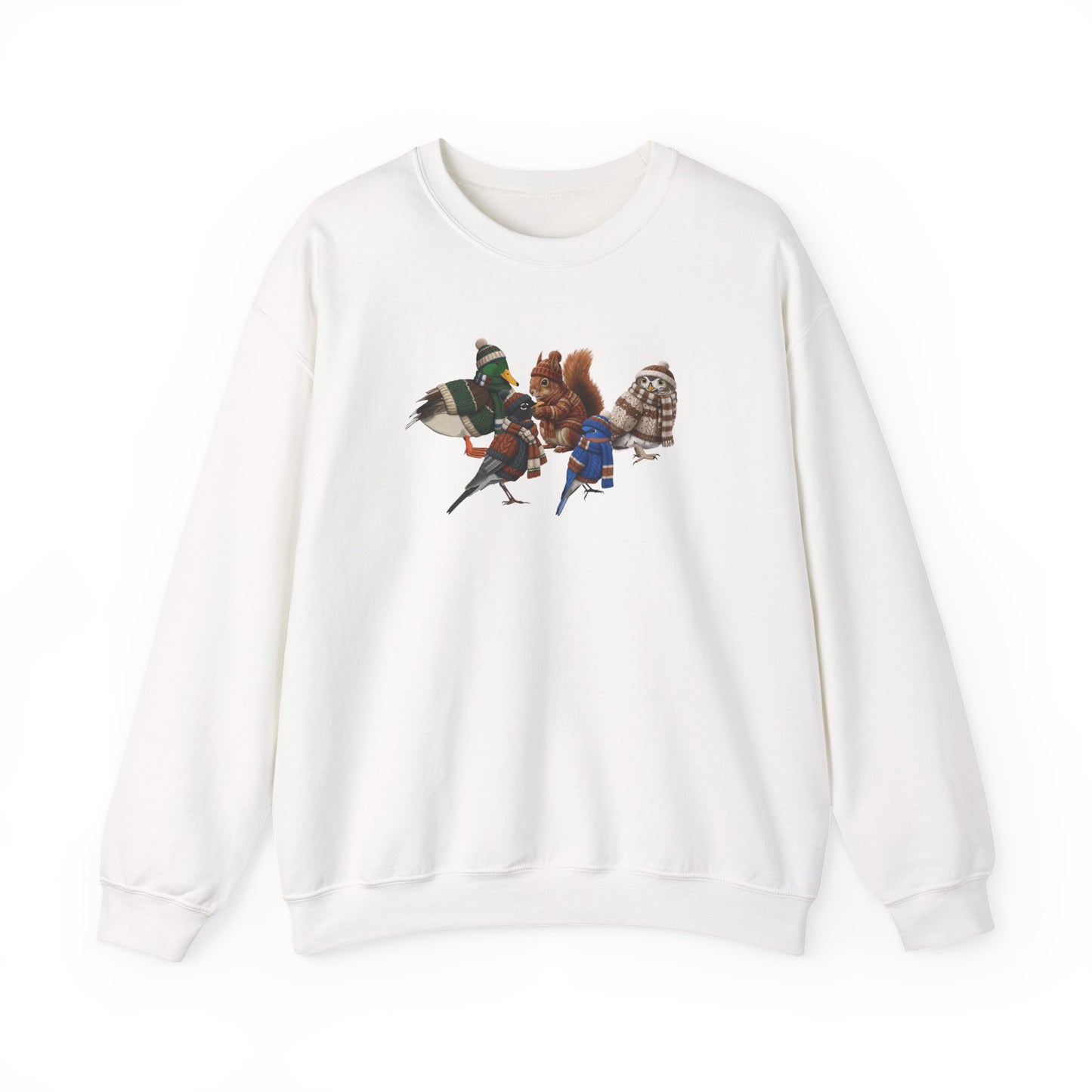 Cozy Winter Crewneck: Backyard Birds & Squirrel in Knitwear