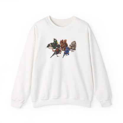 Cozy Winter Crewneck: Backyard Birds & Squirrel in Knitwear