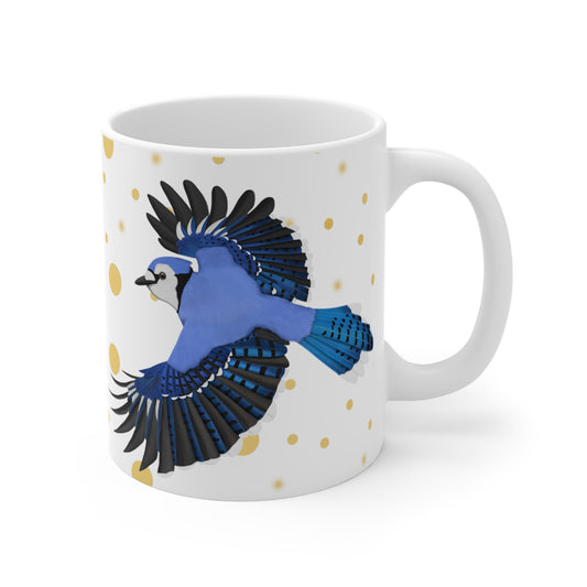 Blue Jay Bird Ceramic Mug White Golden Dots 11oz