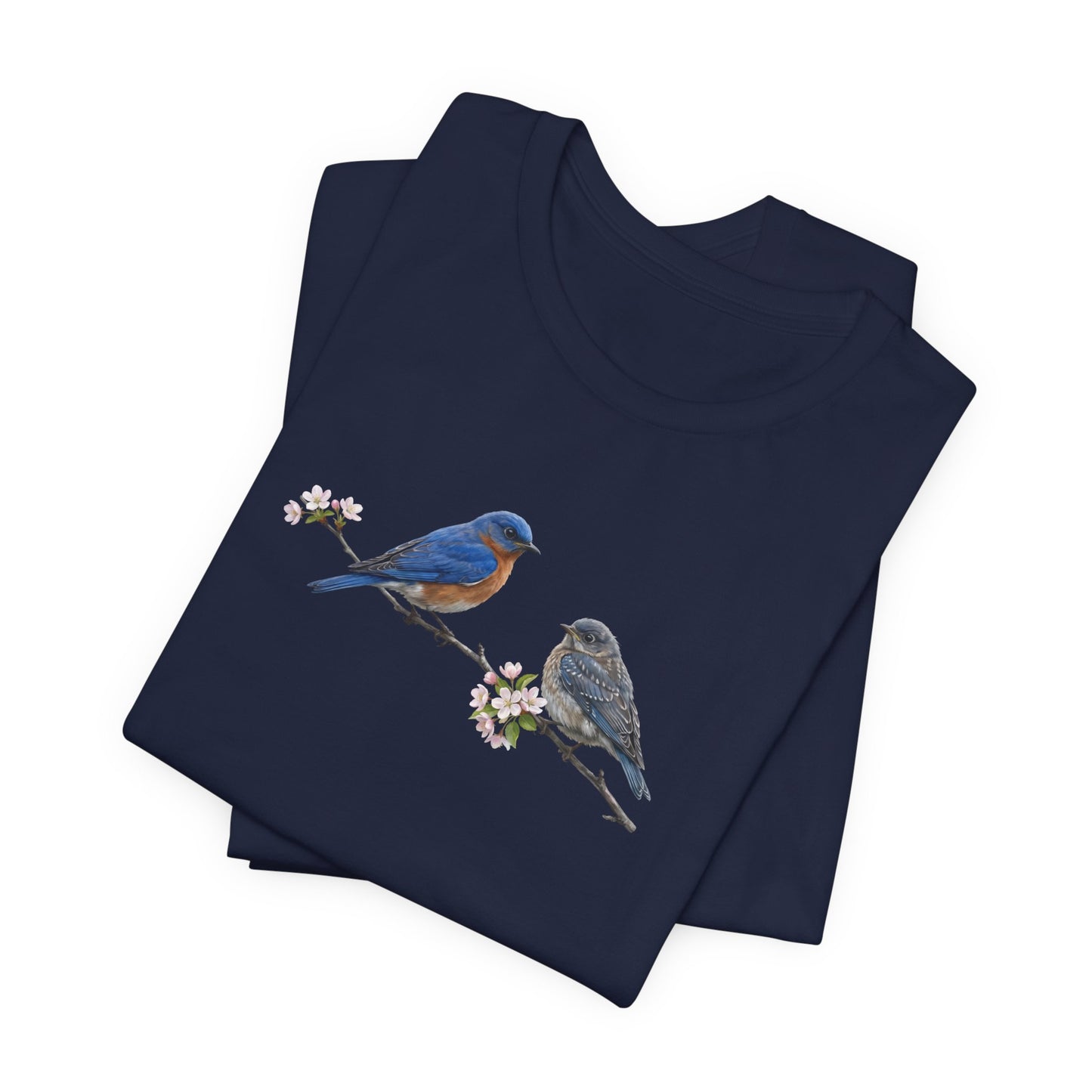 Eastern Bluebird & Fledgling T-Shirt | Spring Blossoms Unisex Graphic Tee