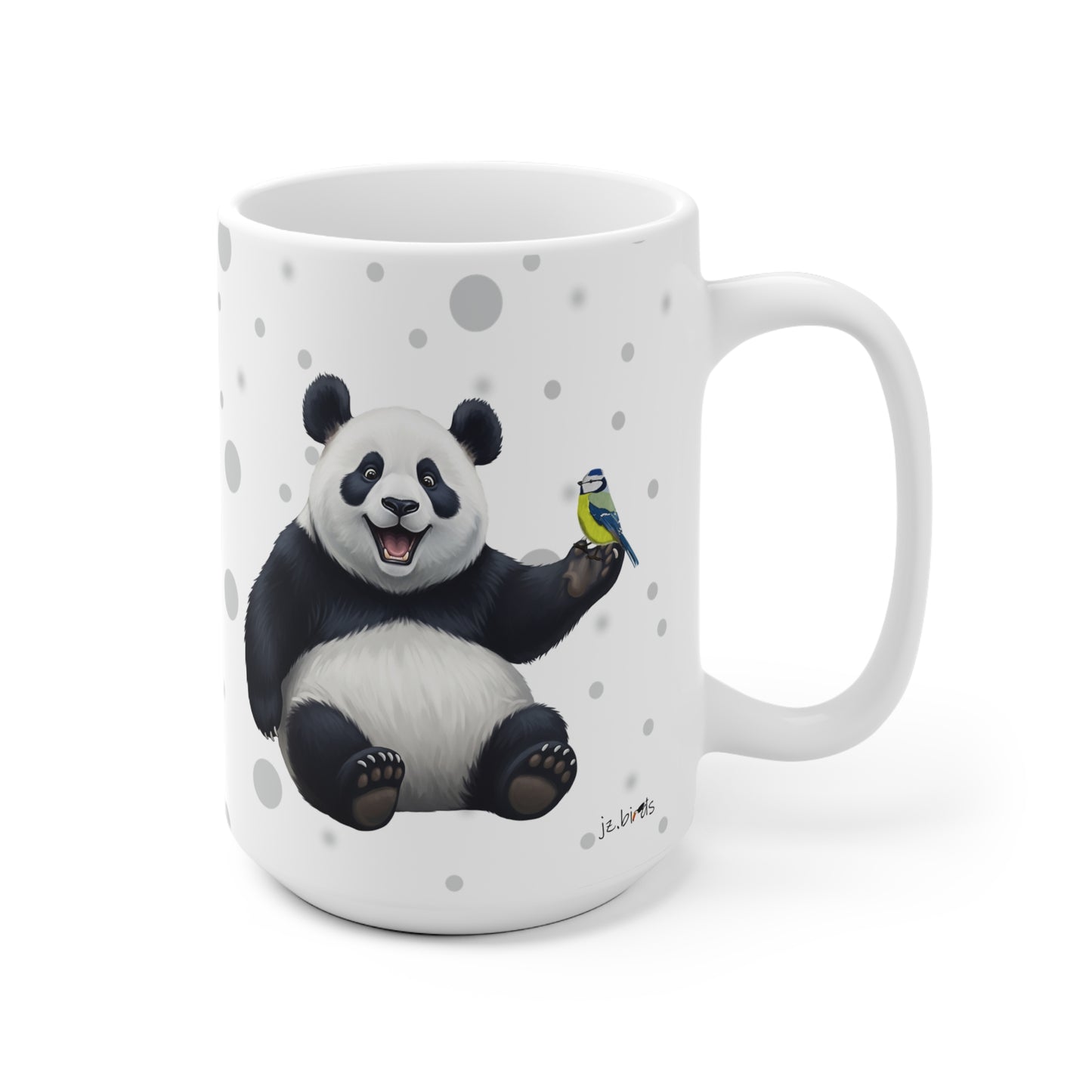 Blaumeise mit einem fröhlichen Panda Vogel Tiermotiv Tasse Punkte Grau