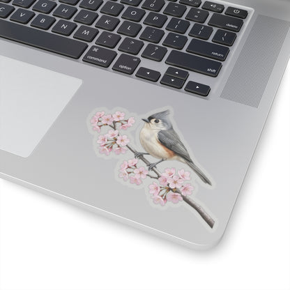 Tufted Titmouse Cherry Blossom Sticker | Glossy Floral Bird Decal | Spring Laptop Sticker