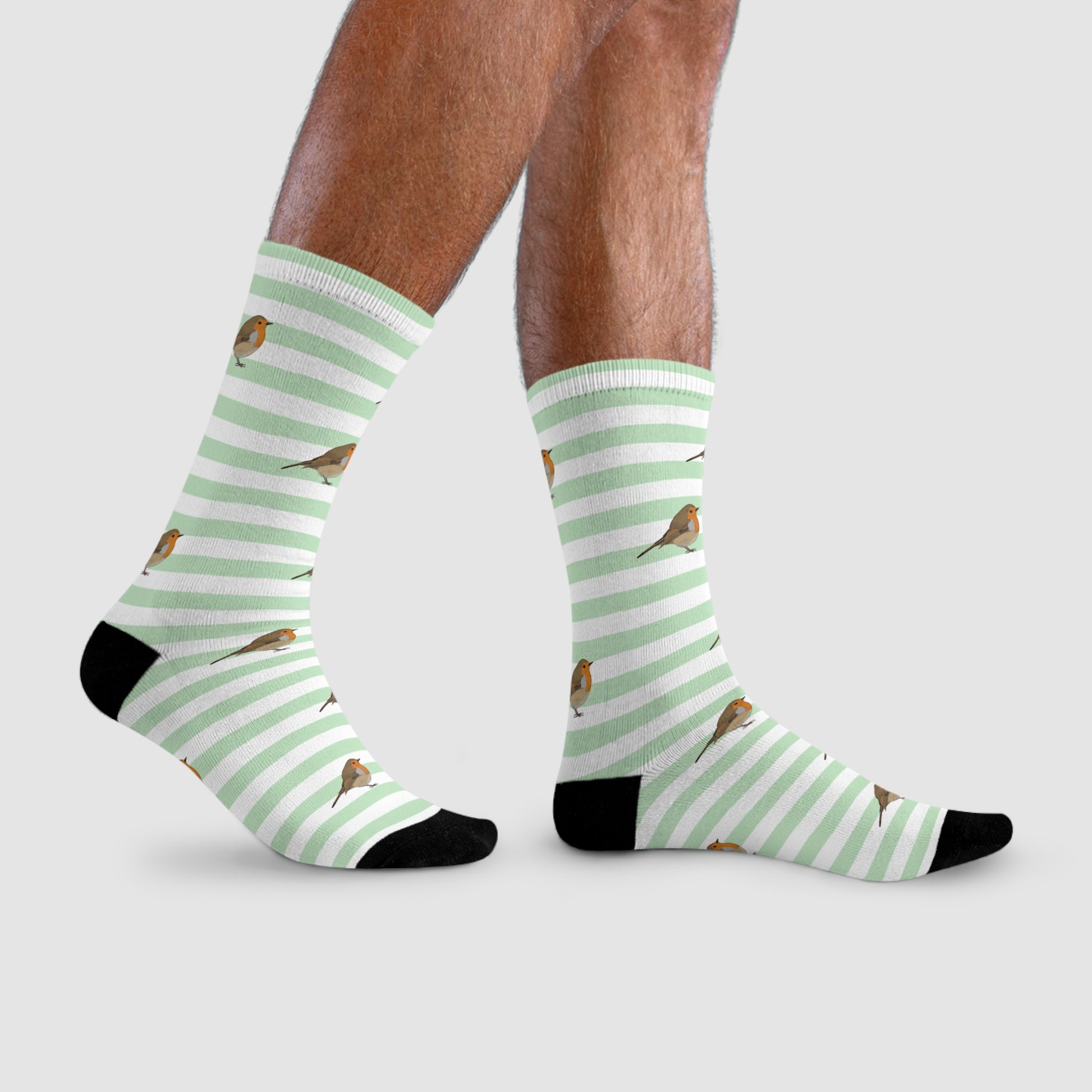 Rotkehlchen Socken mit Streifen in Salbeigrün Weiß – Geschenk für Vogelliebhaber & Ornithologen – Accessories,