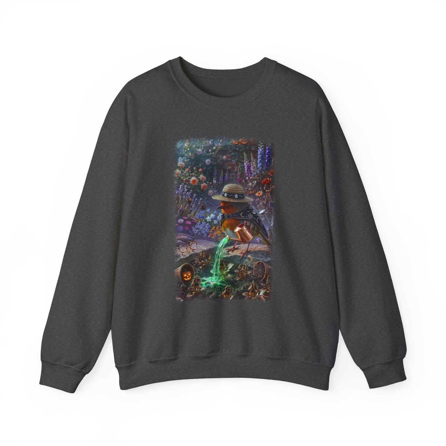 A dark charcoal gray crewneck sweatshirt featuring a large, colorful graphic print on the front. The graphic depicts a spooky, fantasy scene with a witch-like robin bird in a hat and a glowing green entity, set against a plain white background.
