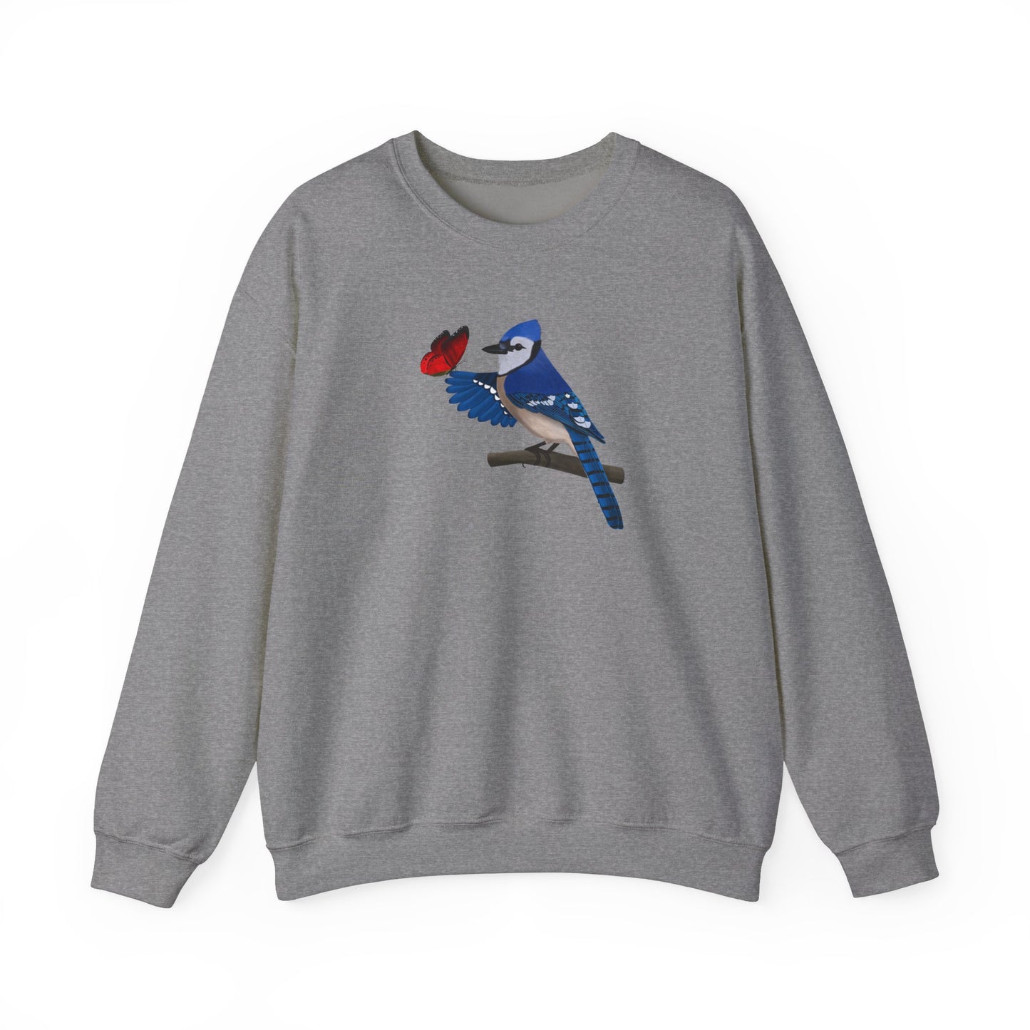 Blue Jay with Butterfly Bird Birding & Birdwatching Sweatshirt