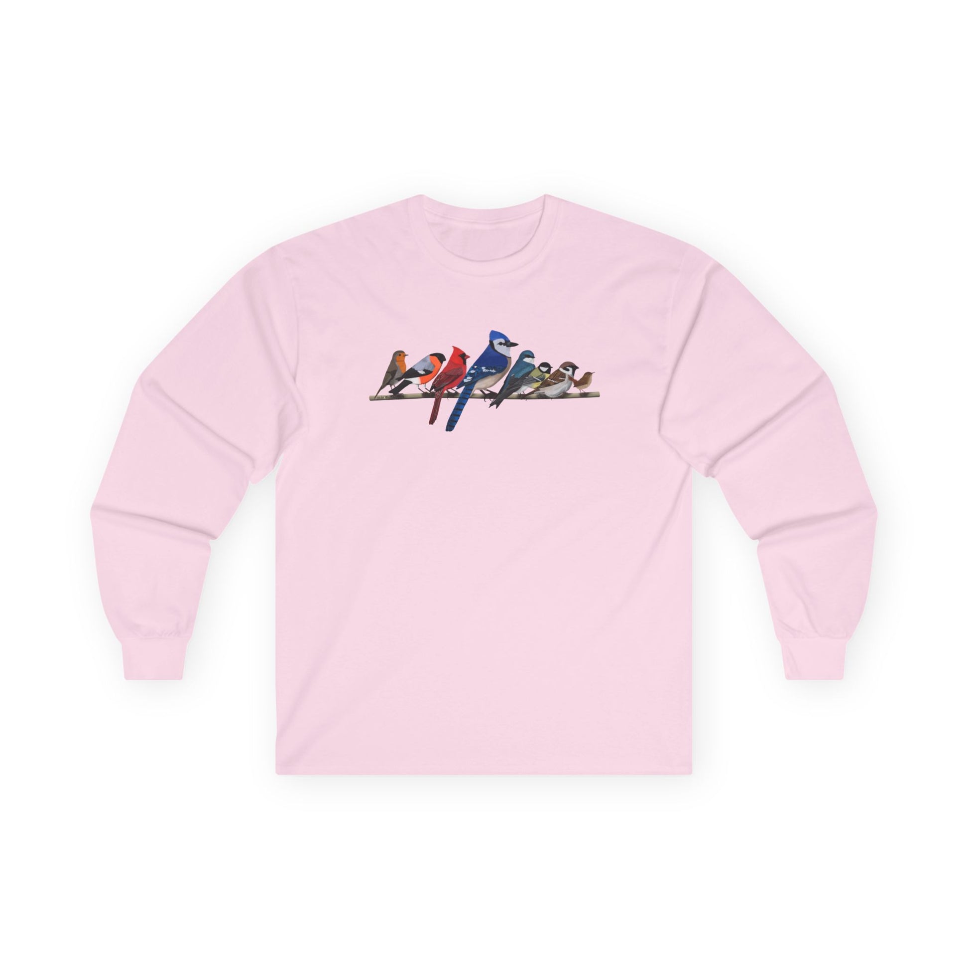 Blue Jay Cardinal Robin on a Branch Birdwatching Cotton Long Sleeve T-Shirt – Bird Graphic Tee, Long-sleeve