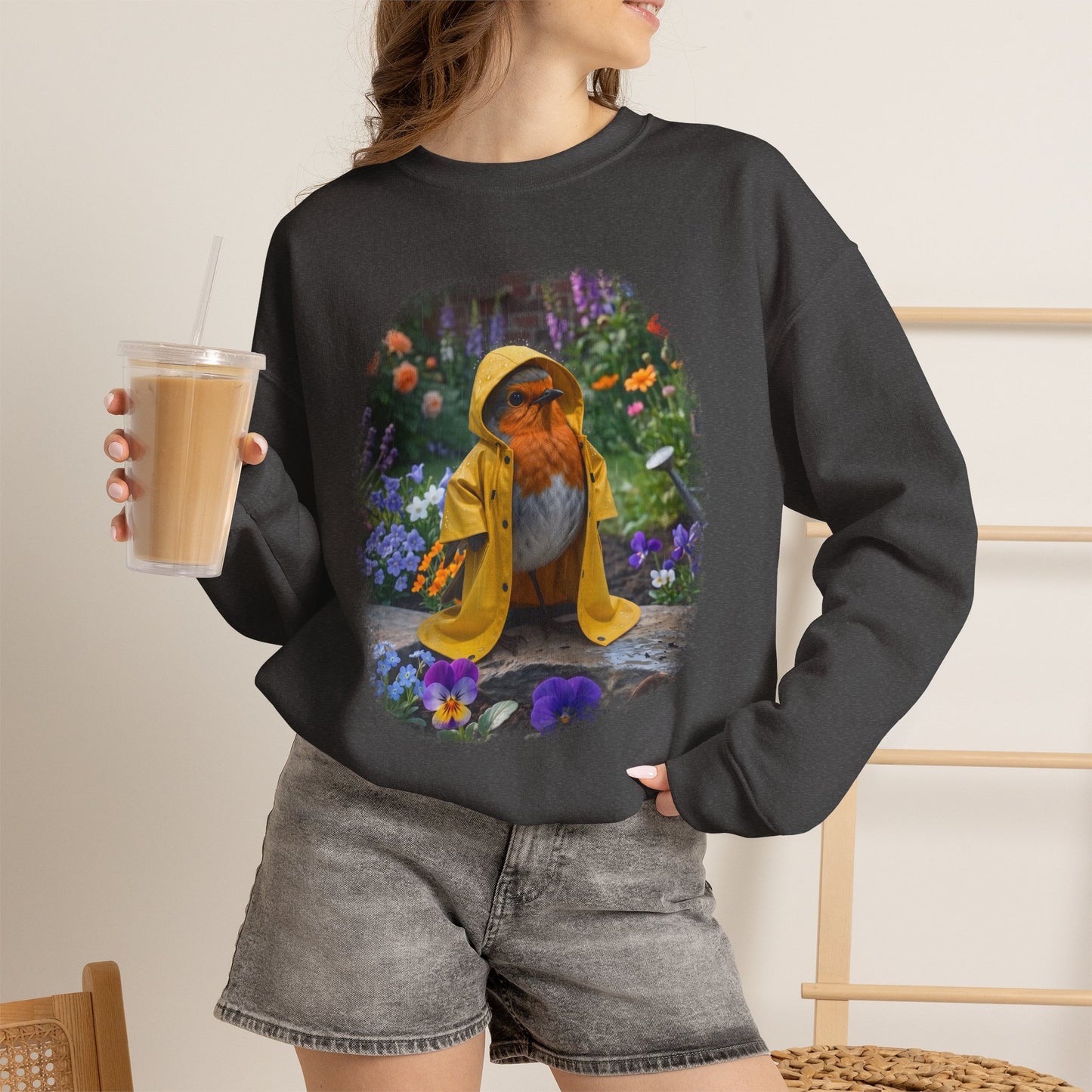 Robin Rosi Yellow Raincoat Garden Premium Sweatshirt for Bird Lovers