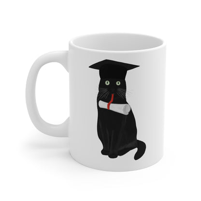 Black Cat Graduation Cat Lover Ceramic Mug White