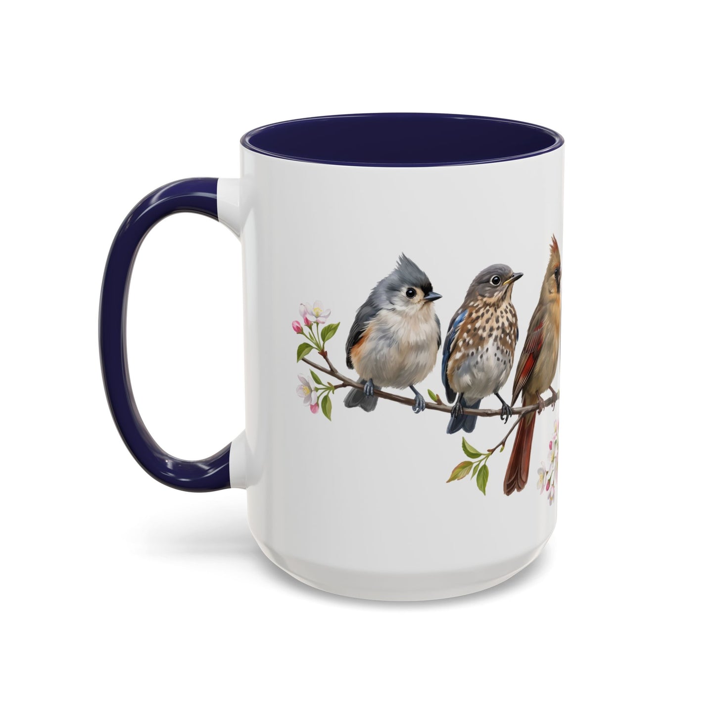 Blue Jay Cardinal Bluebird Little Owl Fledglings Two-Tone Mug | Spring Bird Lover Gift