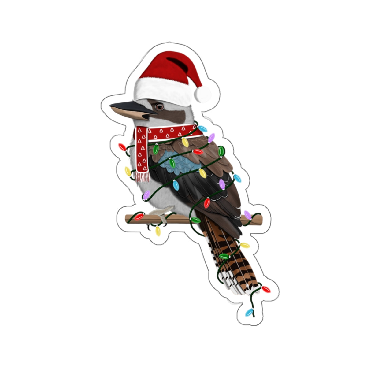 Kookaburra with Fairy Lights Santa Claus Hat and Scarf Christmas Bird Sticker