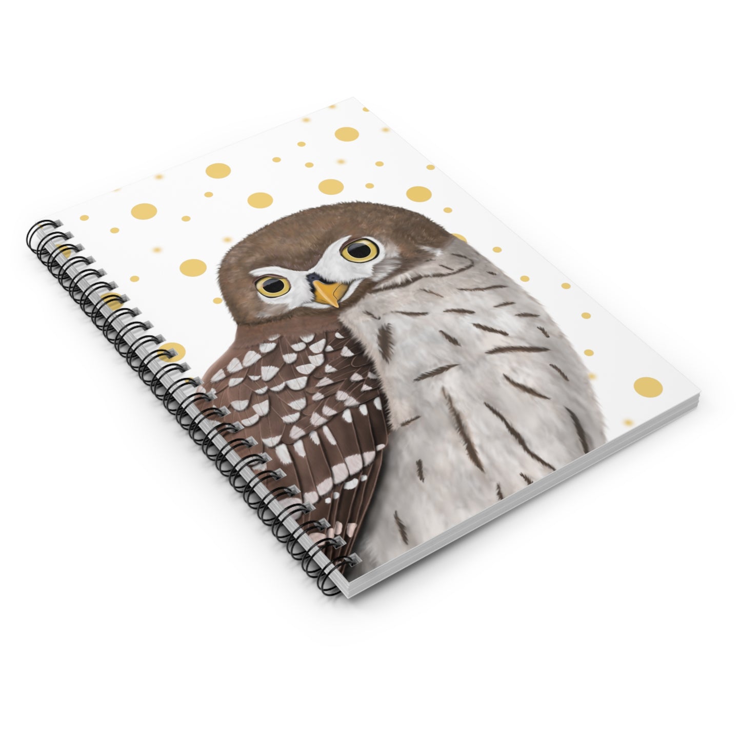 Owl Bird Birdlover Spiral Notebook White Golden Dots Ruled Line 6"x8"