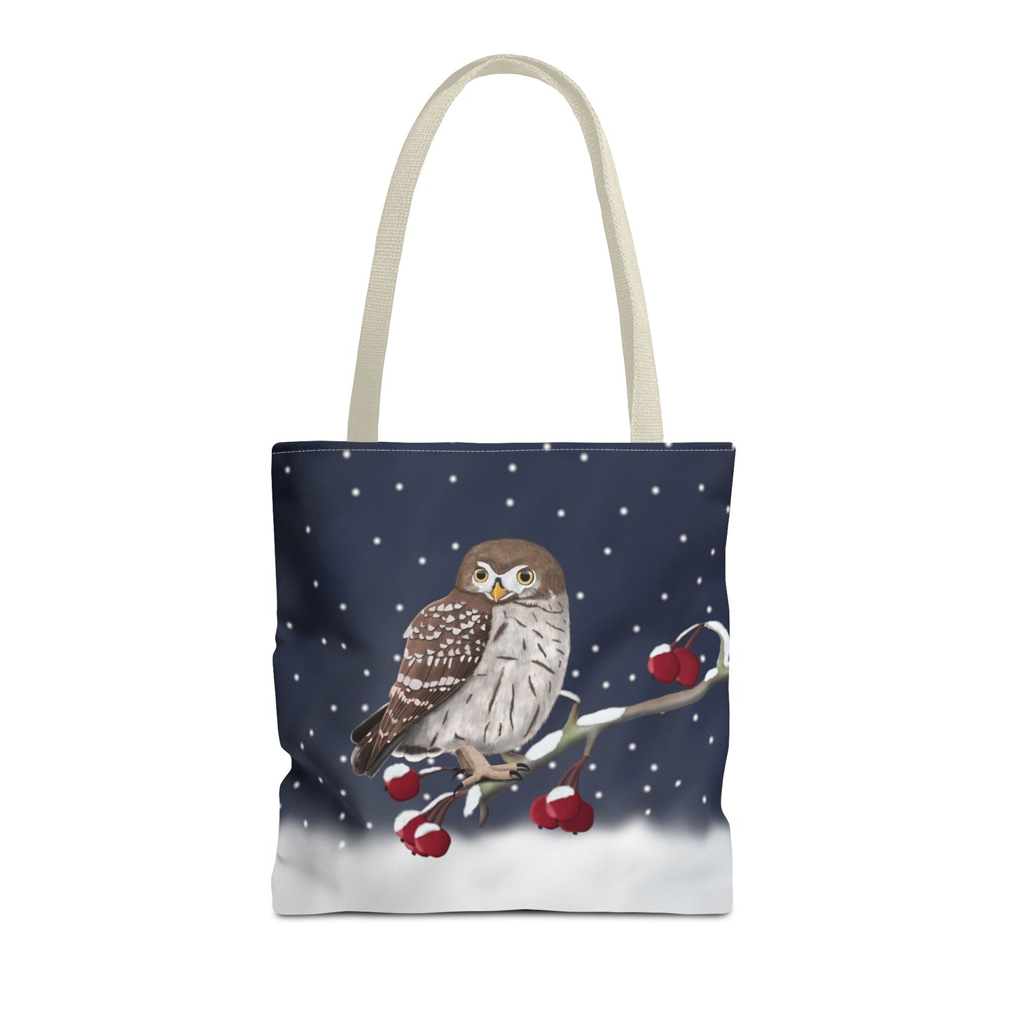 Little Owl on a Winter Branch Christmas Bird Tote Bag 16"x16"