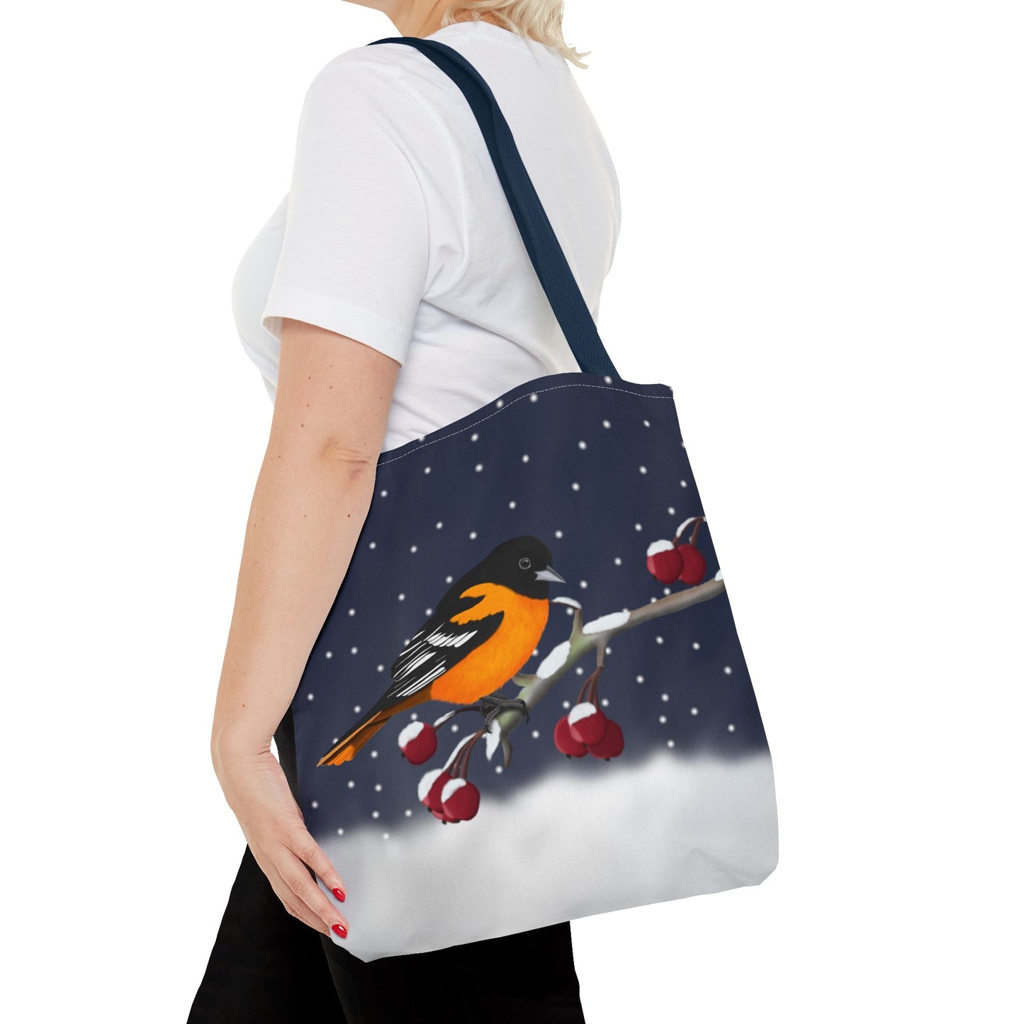 Baltimore Oriole on a Winter Branch Christmas Bird Tote Bag 16"x16"