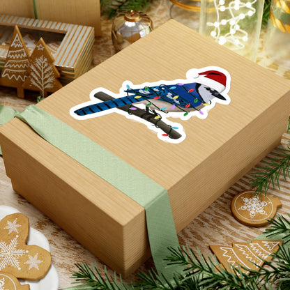 Blue Jay with Fairy Lights and Santa Claus Hat Christmas Bird Sticker