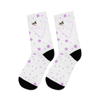 Mallard Duck Valentine's Day Pink Heart and Dots Bird Socks White