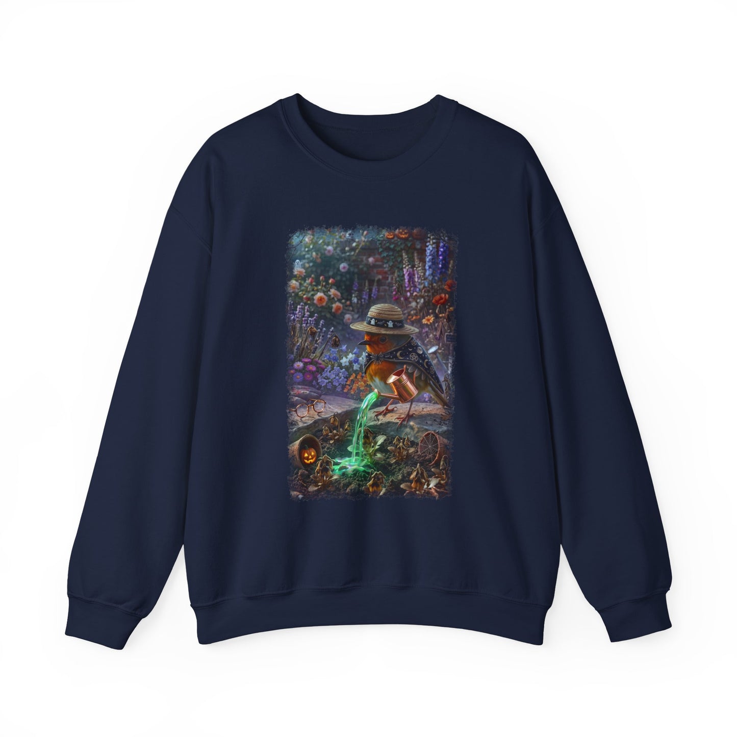 A navy blue crewneck sweatshirt featuring a large rectangular graphic print on the front. The graphic depicts a spooky, colorful scene with a witch-like robin bird in a hat, a glowing green cauldron, and a dark, mystical forest background.