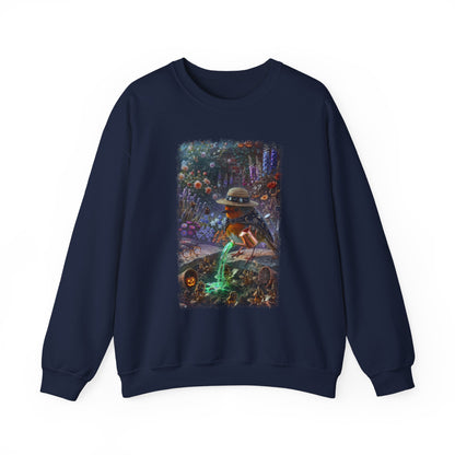 A navy blue crewneck sweatshirt featuring a large rectangular graphic print on the front. The graphic depicts a spooky, colorful scene with a witch-like robin bird in a hat, a glowing green cauldron, and a dark, mystical forest background.