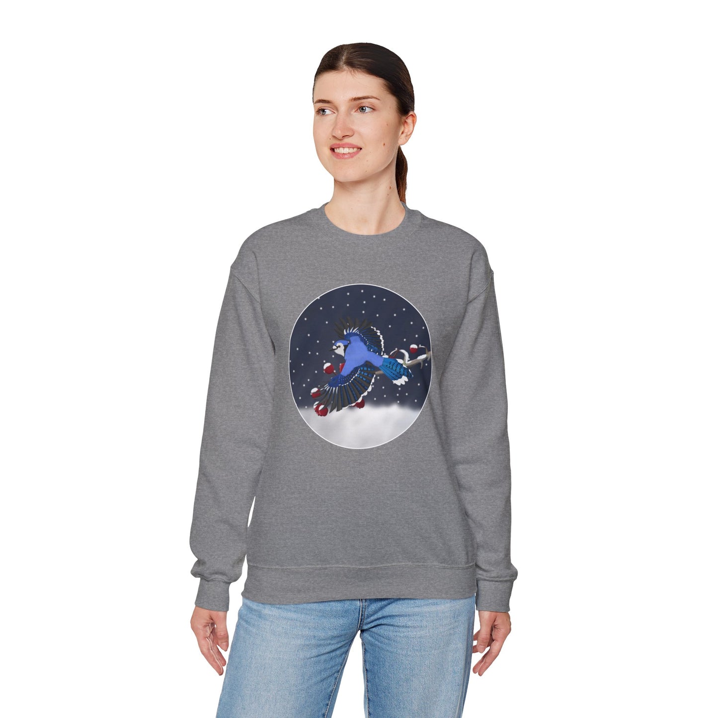 Blue Jay on a Winter Branch Birdwatcher Christmas Bird Sweatshirt