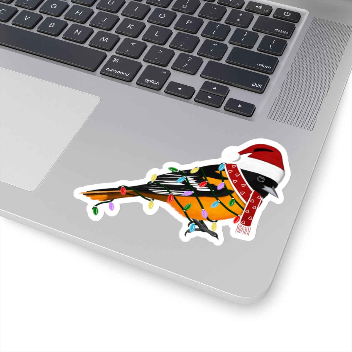 Baltimore Oriole with Fairy Lights Santa Claus Hat and Scarf Christmas Bird Sticker