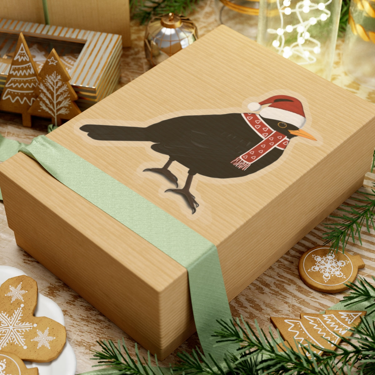 Blackbird with Santa Claus Hat and Scarf Christmas Bird Sticker