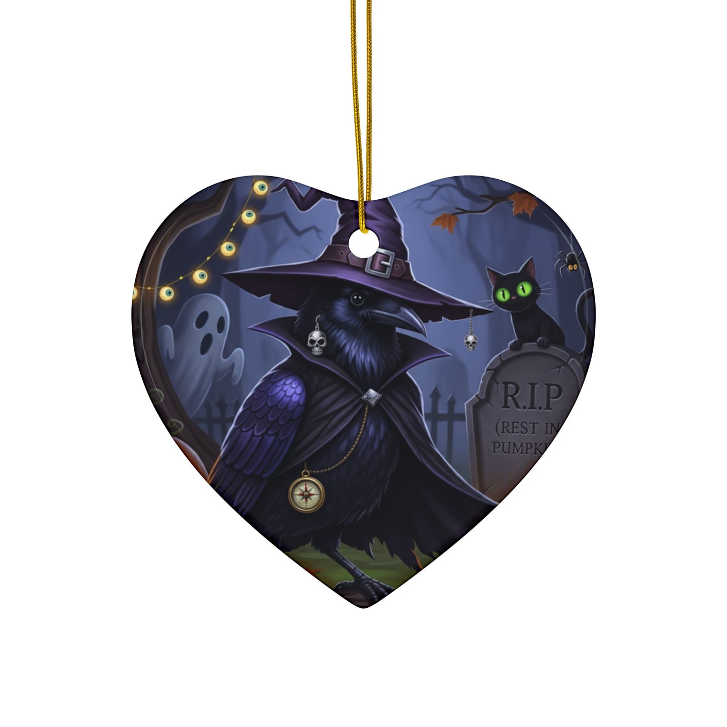 Black Crow Ceramic Bird Halloween Ornament | Double-Sided Spooky Decor