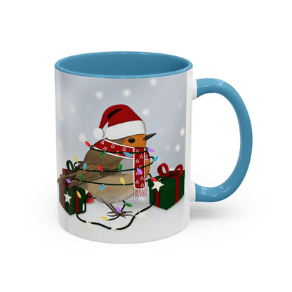 European Robin with Christmas Hat and Scarf Snow Bird Coffee Mug