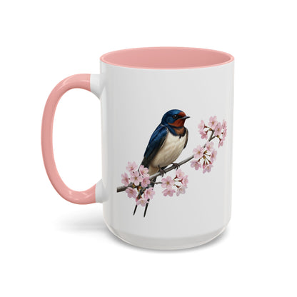 Barn Swallow Cherry Blossom Mug | Pink Ceramic Coffee Cup for Bird Lovers