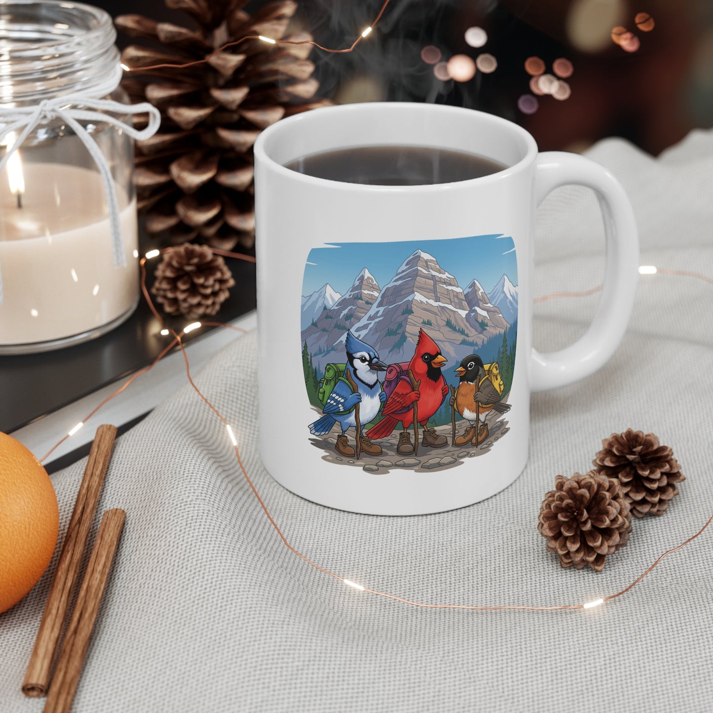 Blue Jay Cardinal Robin on a Hike Mug for Hiking Lovers & Bird Watchers 11oz