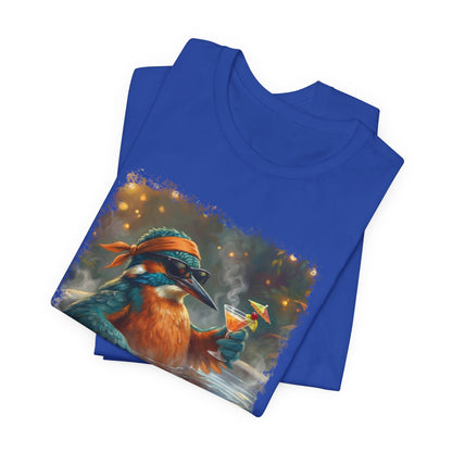 Funny Kingfisher T-Shirt | Bird with Sunglasses & Drink | Unisex Summer Tee