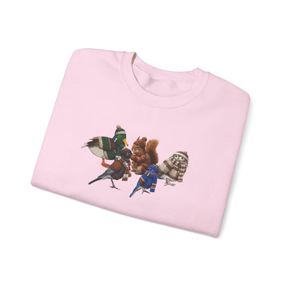 Cozy Winter Crewneck: Backyard Birds & Squirrel in Knitwear