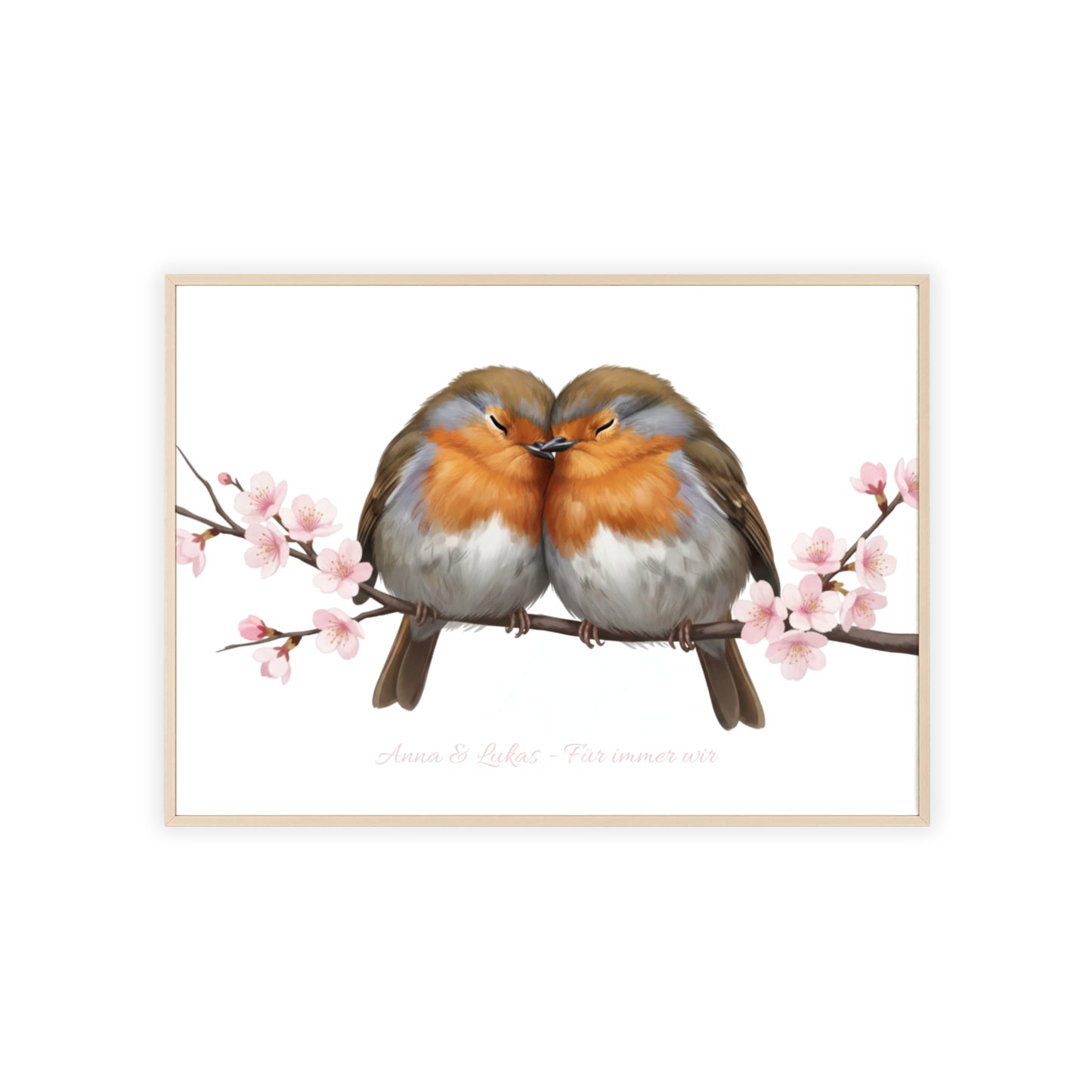 Personalisiertes Wandbild im Holzrahmen – Rotkehlchen-Paar mit Wunschnamen