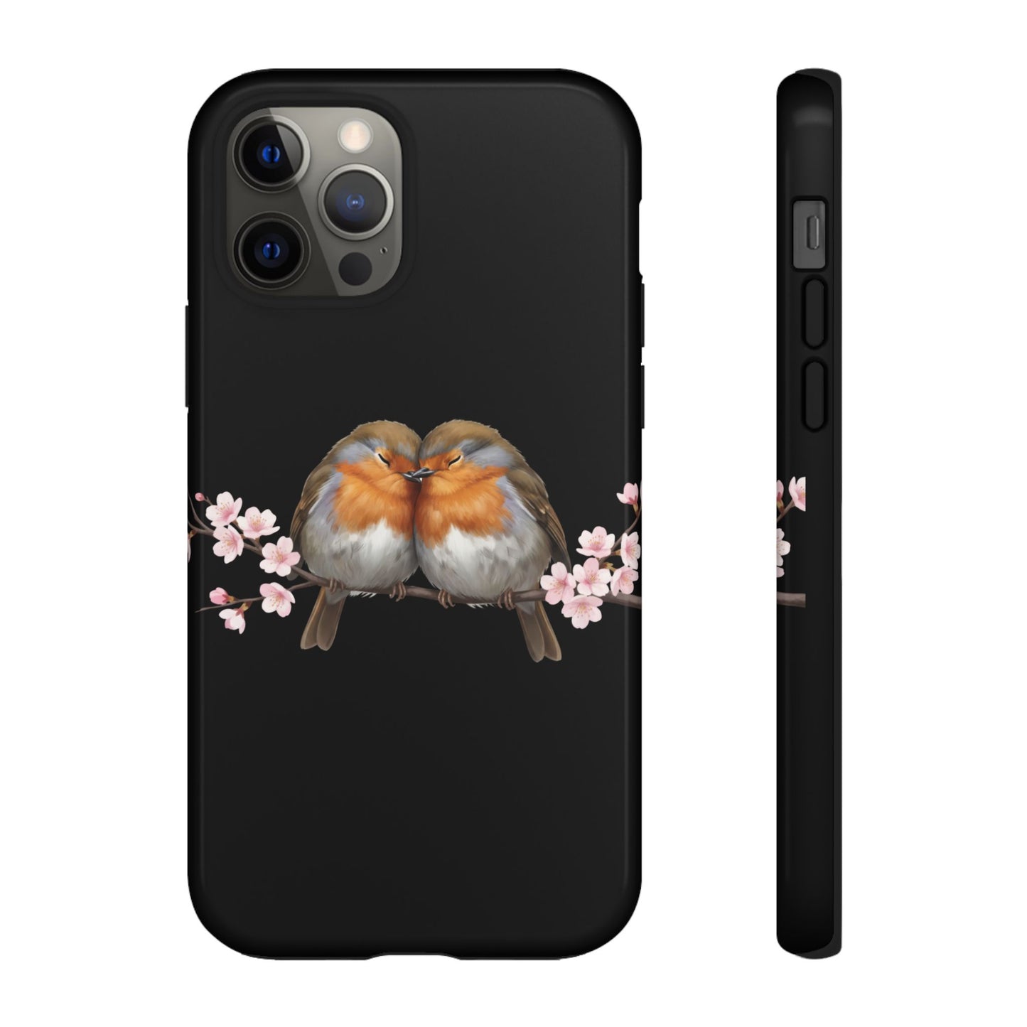 Rotkehlchen mit Kirschblüten Premium Handyhülle – Doppelt Geschützt & Rundum Bedruckt Schwarz