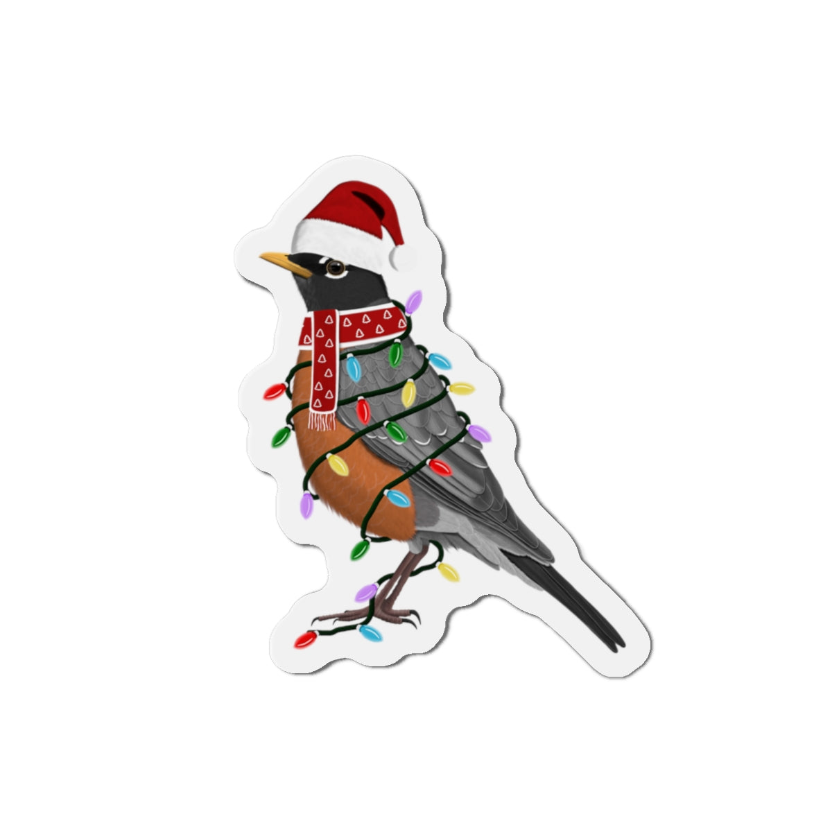 Robin with Fairy Lights and Scarf Christmas Bird Magnet