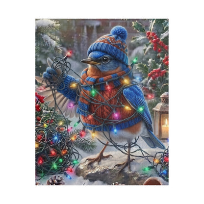 A festive puzzle of a bluebird wearing a blue knit hat and matching blue-and-orange sweater, wrapped in multicolored Christmas string lights in a snowy outdoor scene with holly, pine branches, and a lantern.