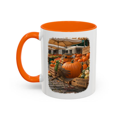 Premium Keramiktasse Rosi Rotkehlchen & der Riesen-Kürbis | 330 ml | Lustiges Geschenk für Vogelfreunde