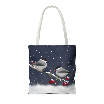 Willow Titmice on a Winter Branch Christmas Bird Tote Bag 16"x16"