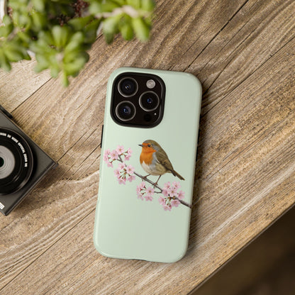 Rotkehlchen Handyhülle in Salbeigrün | Florales Kirschblüten Vogel-Motiv für iPhone & Google Pixel