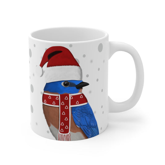 Bluebird with Red Santa Hat and Scarf Christmas Bird Ceramic Mug 11oz