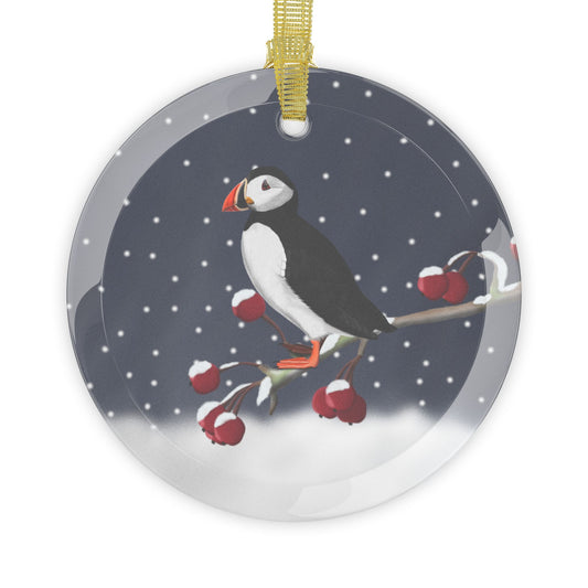 Puffin on a Winter Branch Christmas Bird Glass Ornament