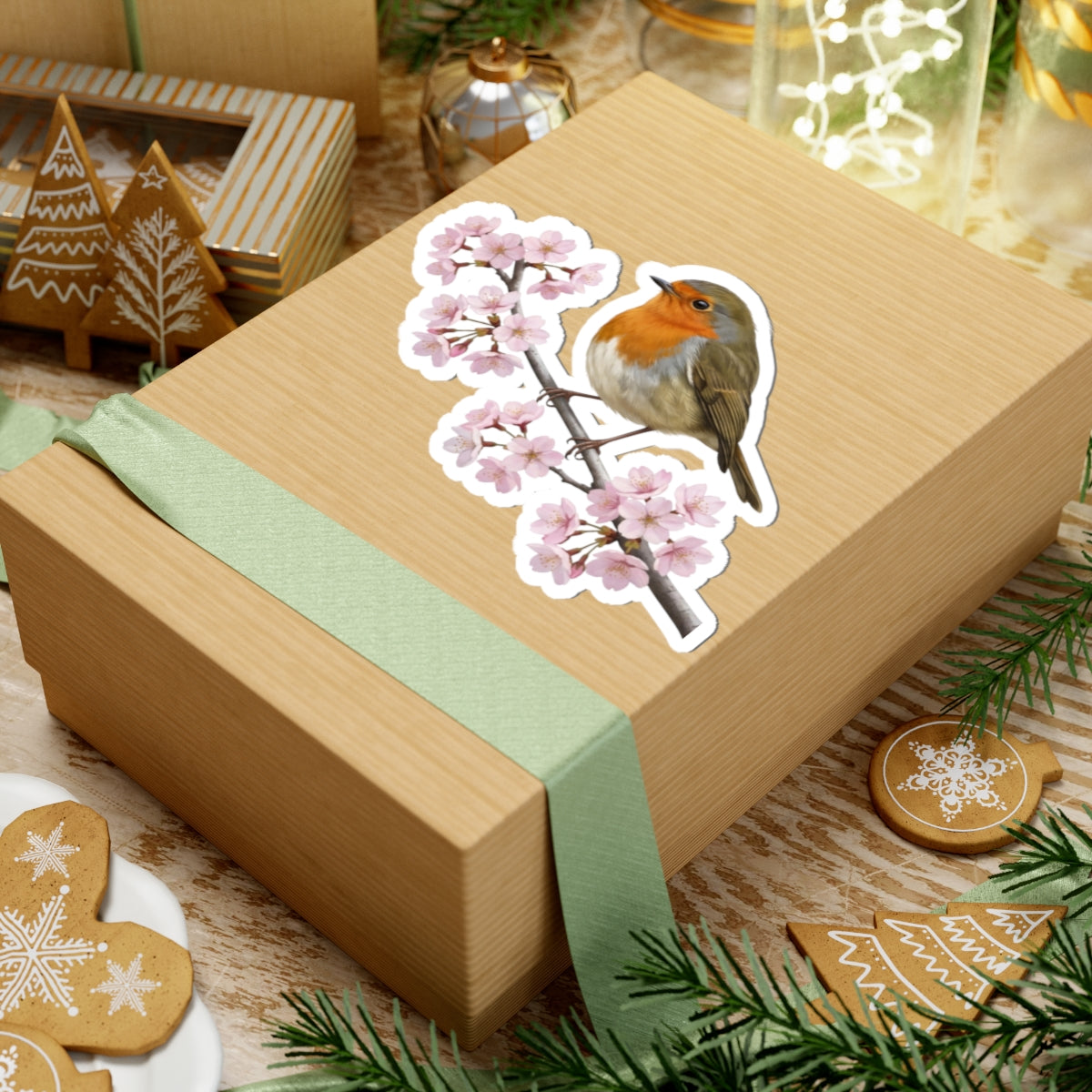 European Robin Cherry Blossom Sticker | Glossy Floral Bird Decal | Spring Laptop Sticker