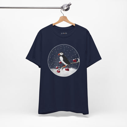 Puffin on a Winter Branch Birdwatcher Christmas Bird T-Shirt