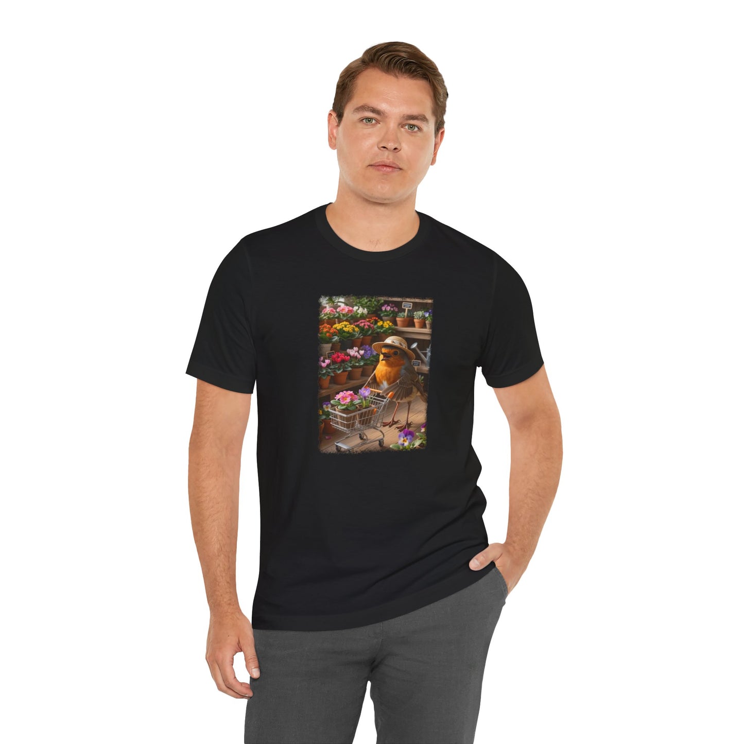 Lustiges Rotkehlchen T-Shirt mit vollem Blumen-Einkaufswagen | Niedliches Pflanzen-Motiv
