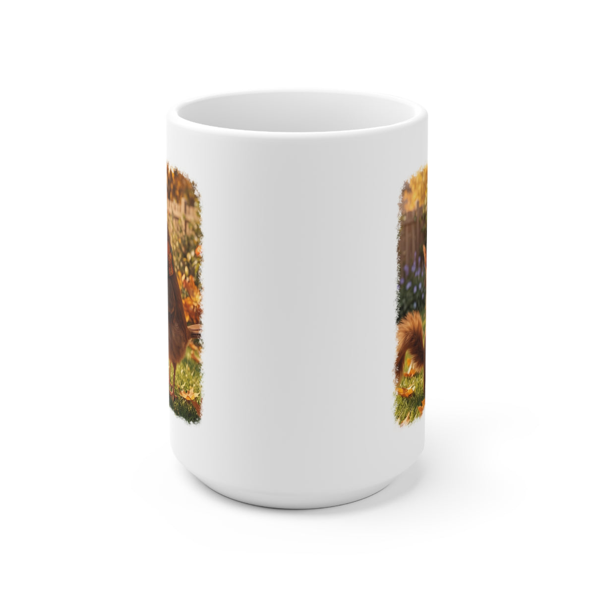 Rotkehlchen & Eichhörnchen Tasse „Rosi“ – Süßer Kaffeebecher mit Umarmung im Garten