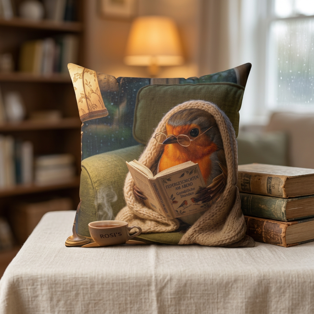 A decorative throw pillow featuring a cozy illustration of a bird wrapped in a chunky knit blanket and reading a book, styled on a tablecloth with vintage books and a small cup in a warm, softly blurred room setting.