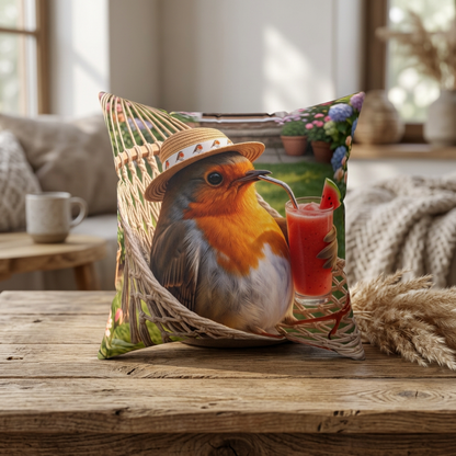 A square decorative throw pillow featuring a printed robin bird lounging in a hammock and sipping a pink drink, styled on a rustic wooden table in a cozy living room setting.