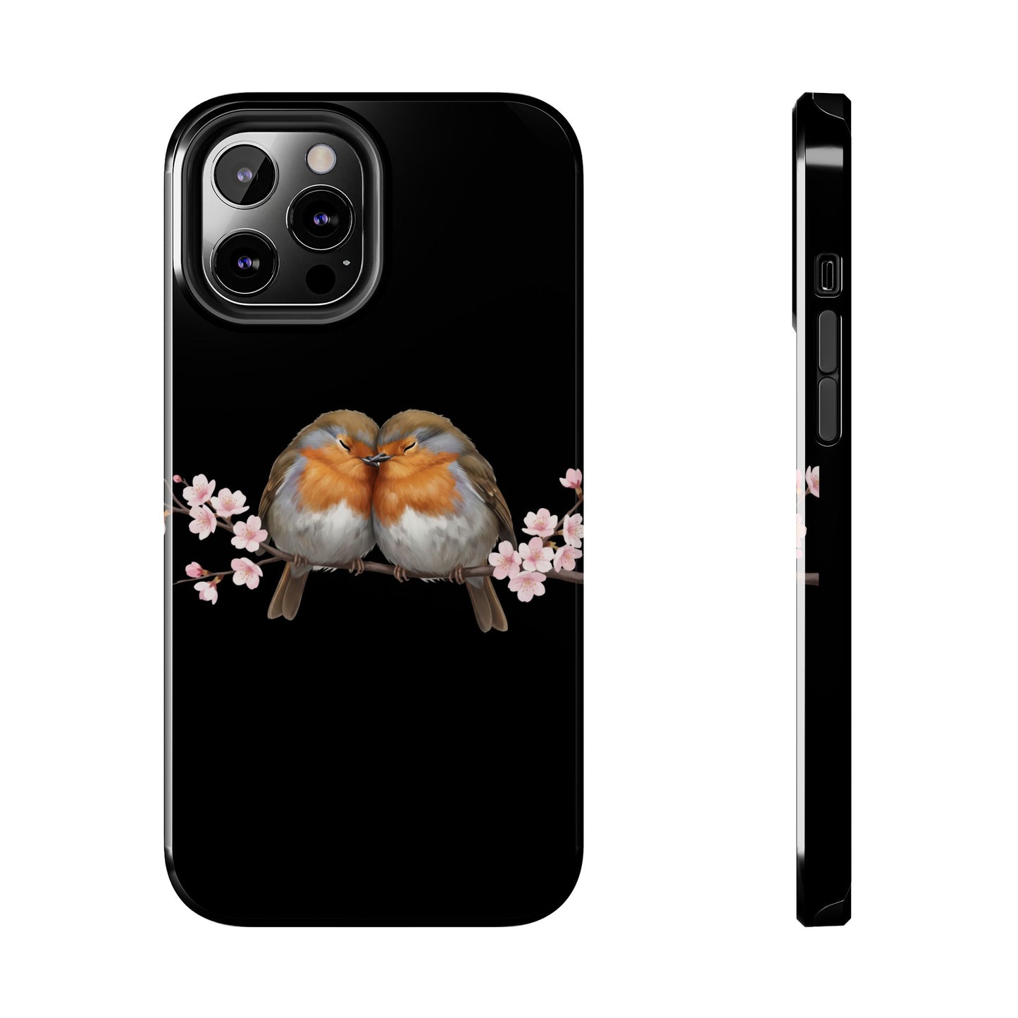 European Robin with Cherry Blossoms iPhone Case – Premium Tough Phone Cover Black