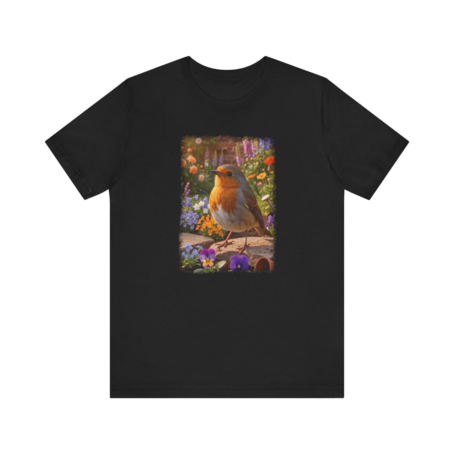 Robin Rosi in the Flower Bed T-Shirt - Cozy Backyard Birding Apparel