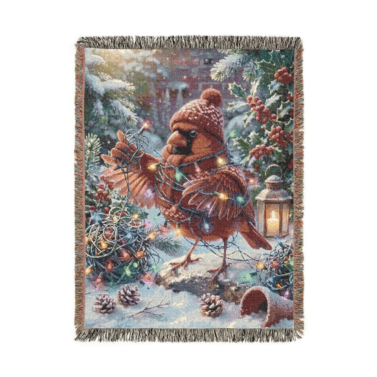 A rectangular woven throw blanket with fringed edges, featuring a whimsical winter holiday scene with a cardinal bird, evergreen branches, pinecones, ornaments, and a lantern on a snowy background.