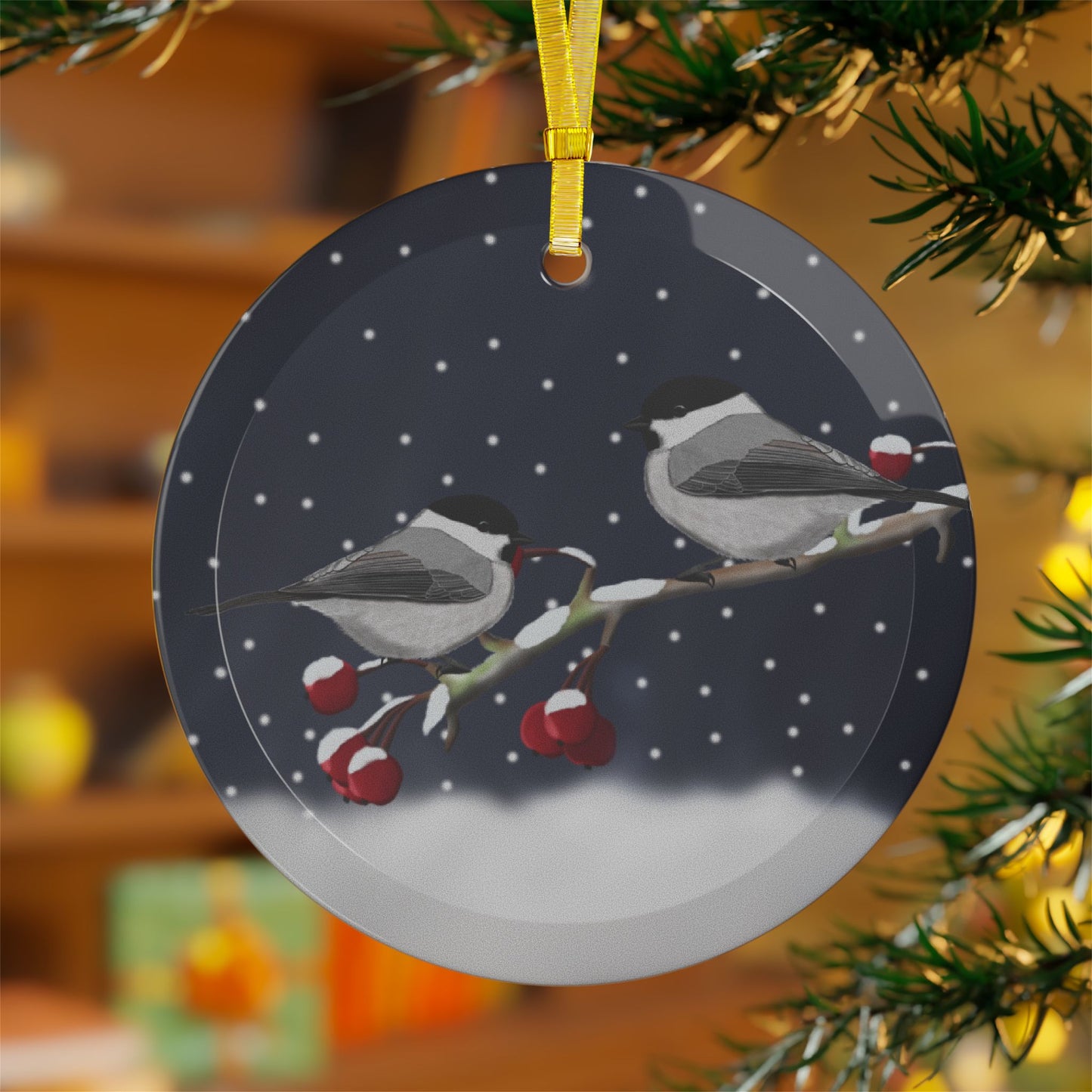 Willow Titmice on a Winter Branch Christmas Bird Glass Ornament